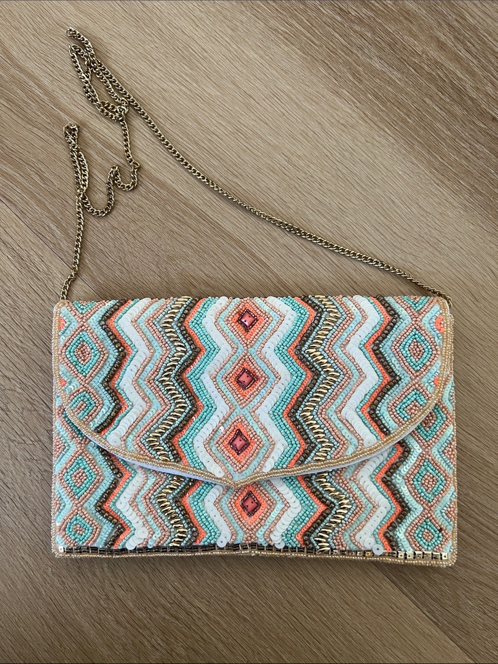 Beaded Chevron Envelope Clutch in Aqua & Coral